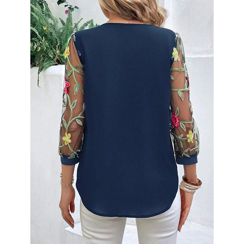 Women's Floral Embroidery Contrast Mesh Puff Sleeve Crew Neck Tee Shirt Tops - Image 10