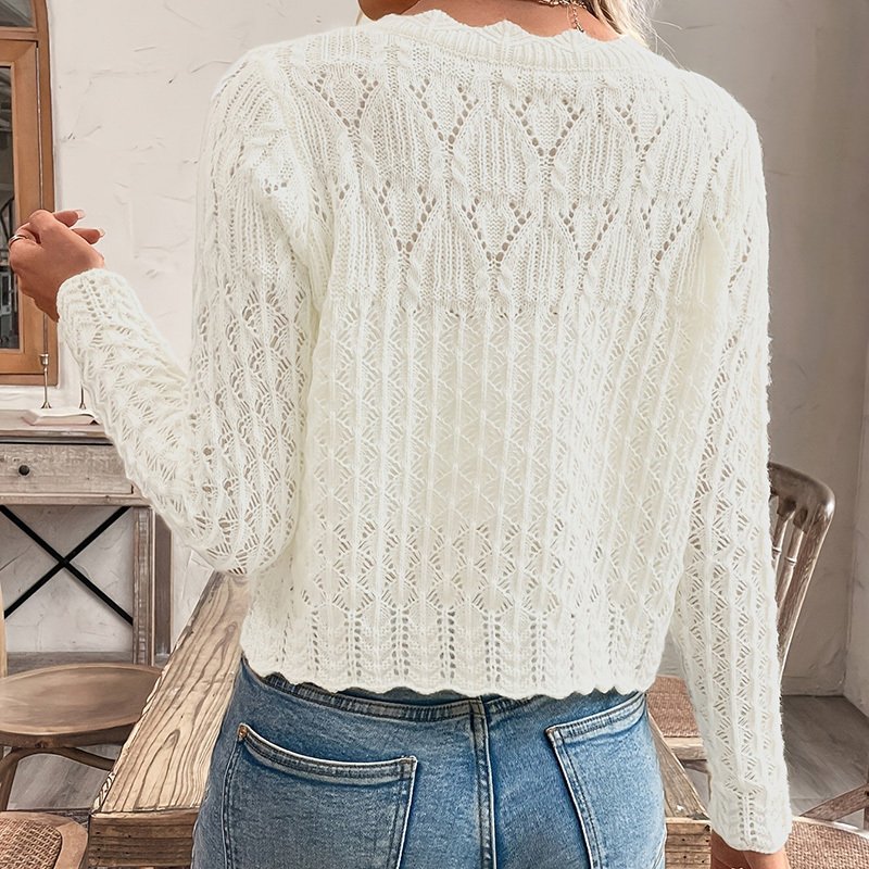 Women's Solid Color Elegant Round Neck Cardigan Top - Button Front Openwork Knit Top For Spring&Summer - Image 5