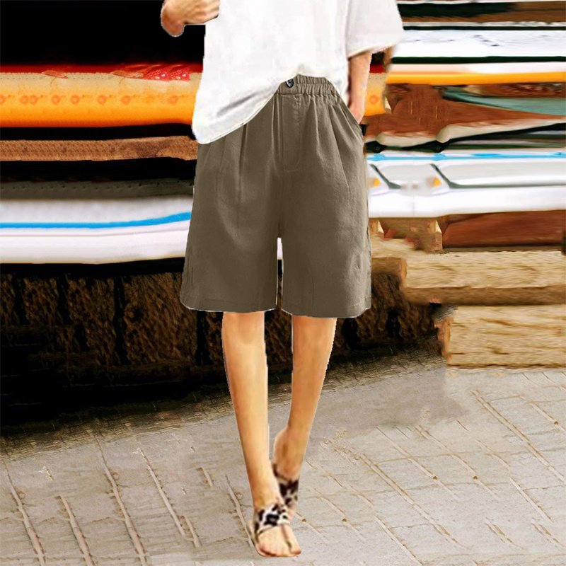 Women's Casual High Waist Loose Fit Solid Color Shorts - Button & Elastic Waist With Pockets, Comfortable Summer Shorts - Image 7