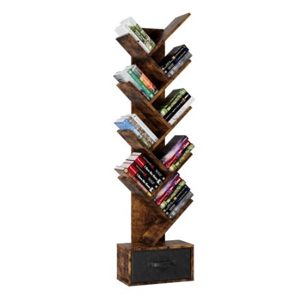 9 Tier Tree Bookshelf With Drawer Bookcase, Modern Book Storage, Free Standing Tree Bookcase, Utility Organizer Shelves For Home Office, Living Room, Bedroom, Rustic Brown - Image 3