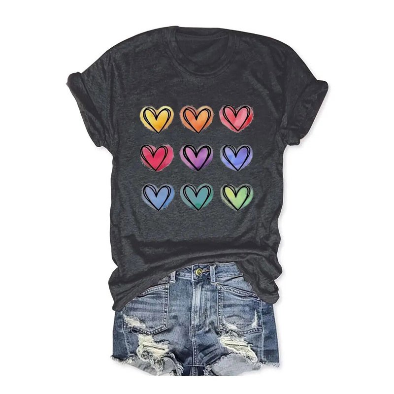Women's Round Neck Short Sleeve T-Shirt With Multicolor Heart Print, Casual Summer Top - Image 2