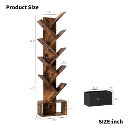 9 Tier Tree Bookshelf With Drawer Bookcase, Modern Book Storage, Free Standing Tree Bookcase, Utility Organizer Shelves For Home Office, Living Room, Bedroom, Rustic Brown - Image 8