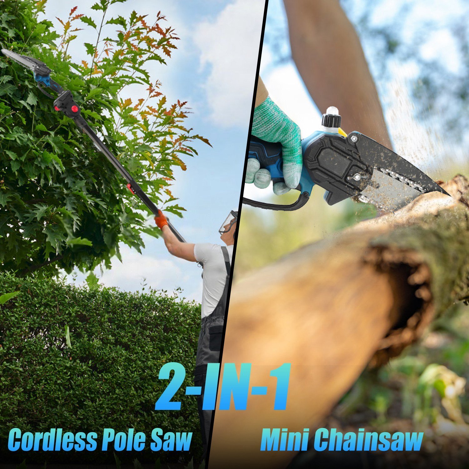 1Pc 2 In 1 8in Cordless Electric Pole Saw And Mini Chainsaw With Extension Poles 2Pcs 21V 3.0Ah Batteries Adjustable Length Chain Saw With Auto Oiler Safety Switch For Wood Cutting - Image 2