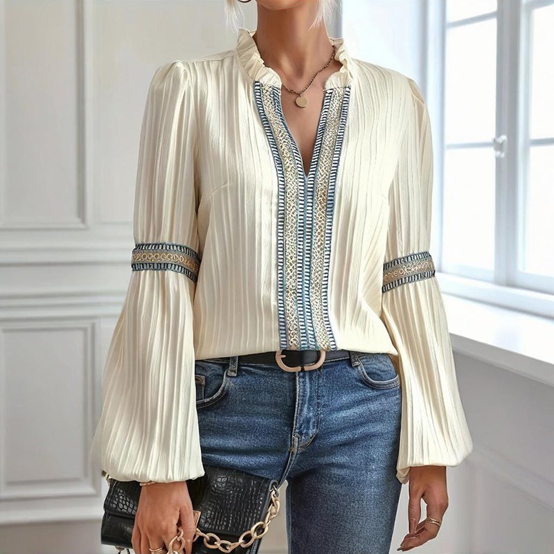 Boho Chic Colorblock Top, Women's Patchwork Blouse With V Neck And Lantern Sleeves - Image 5