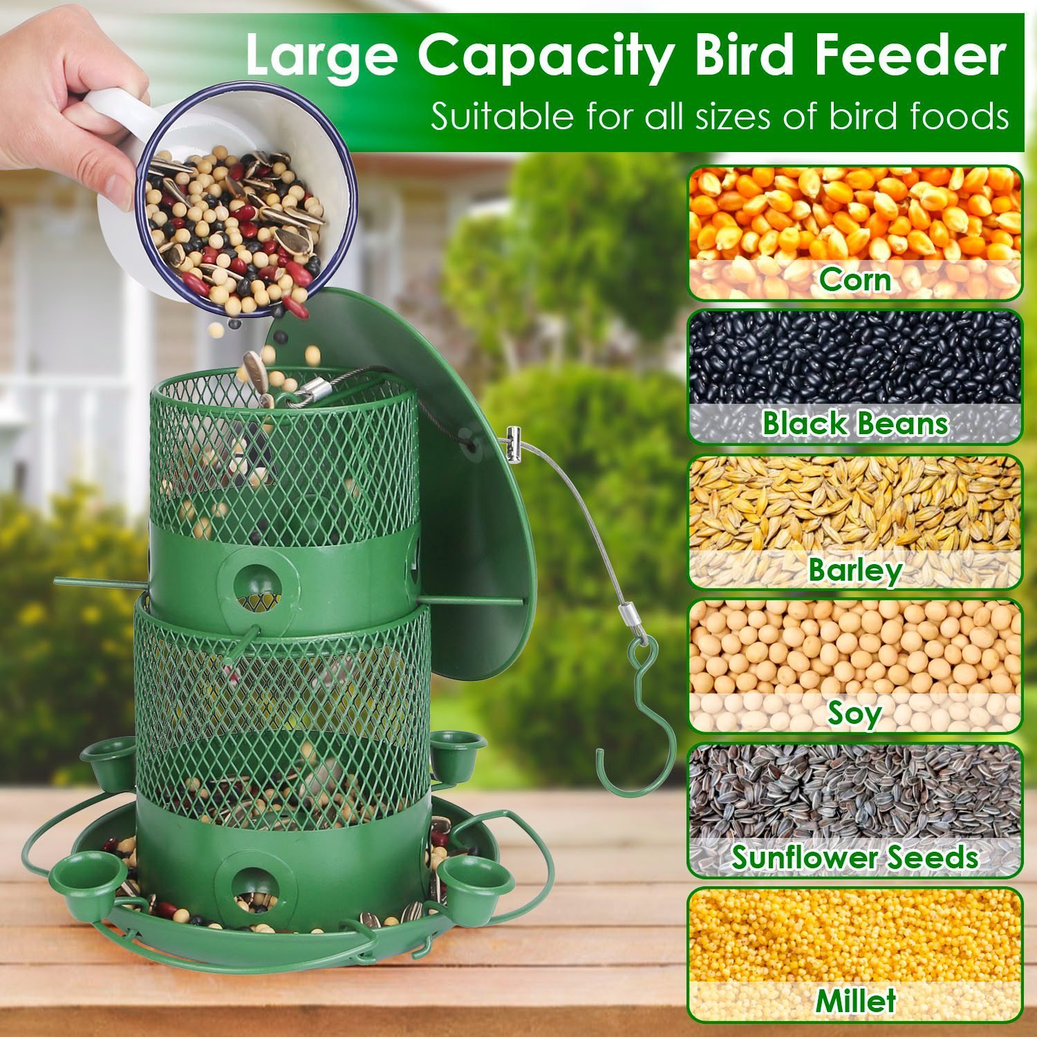 1Pc Wild Bird Feeder Squirrel-Proof Chew-Proof Metal Bird Seed Feeder Outdoor Hanging Bird Feeder With 360 Degree Circular Perches Water Cups For Yard Garden Patio - Image 8