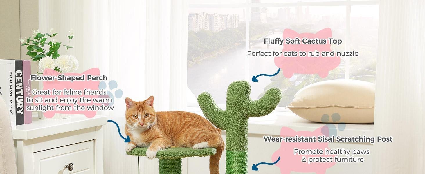 26 Inch Cactus Cat Tree With Bird's Eye View Flower Perch, Soft Cactus Top And Hanging Ball, Compact Vertical Structure For Indoor Cats - Image 10