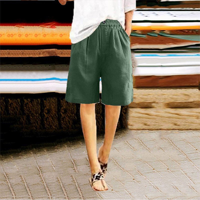 Women's Casual High Waist Loose Fit Solid Color Shorts - Button & Elastic Waist With Pockets, Comfortable Summer Shorts - Image 6