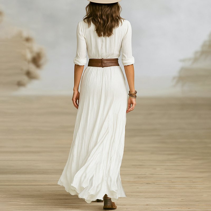 Women's Solid Color Lapel Long Sleeve Dress Button Front Belted Maxi Dress With Pleated High Slit For Spring&Fall - Image 6