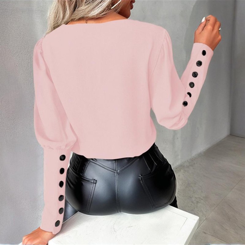 Women's V-Neck Contrast Trim Long Sleeve Blouse With Button Cuff Detail - Casual Comfort Top For Spring&Fall - Image 7