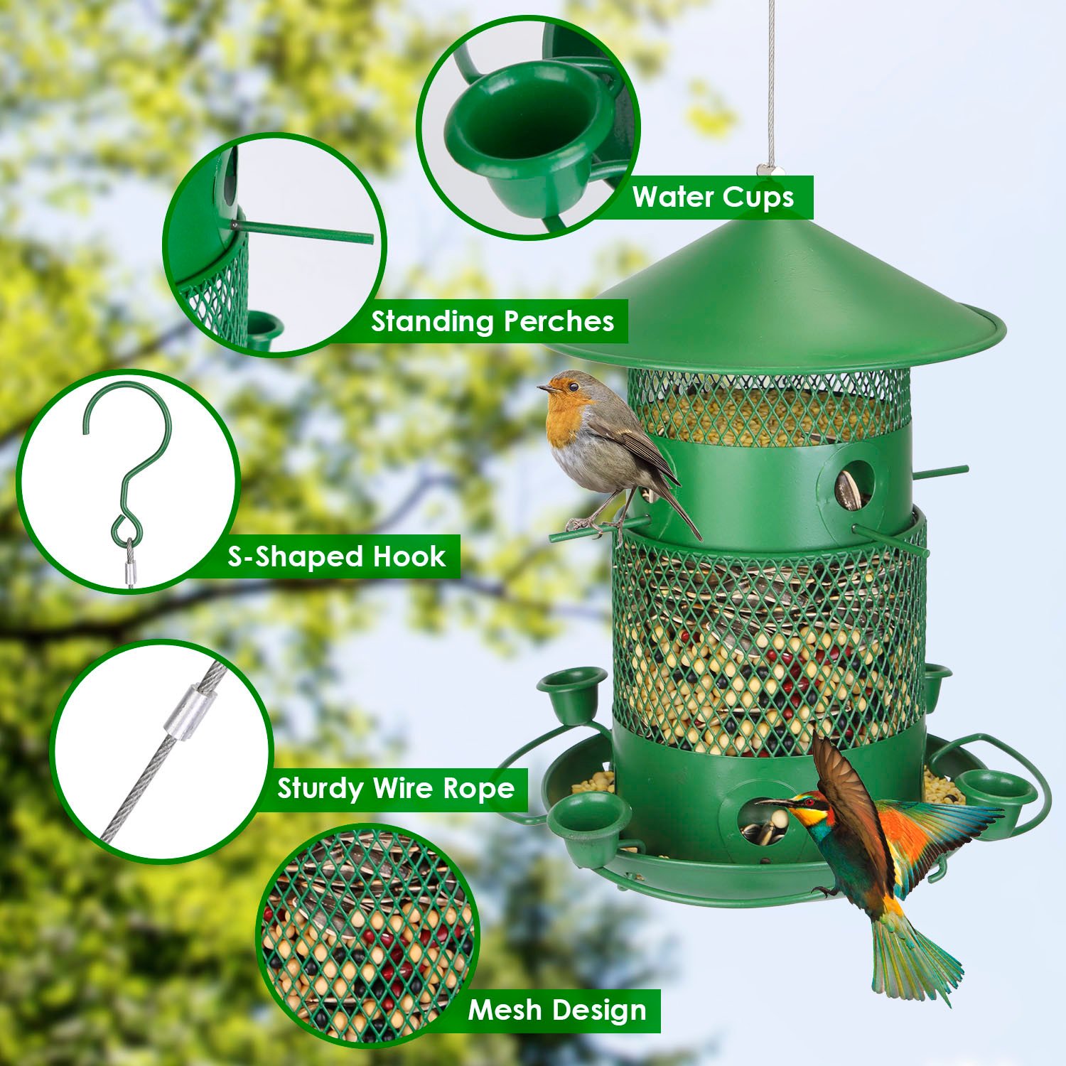 1Pc Wild Bird Feeder Squirrel-Proof Chew-Proof Metal Bird Seed Feeder Outdoor Hanging Bird Feeder With 360 Degree Circular Perches Water Cups For Yard Garden Patio - Image 4