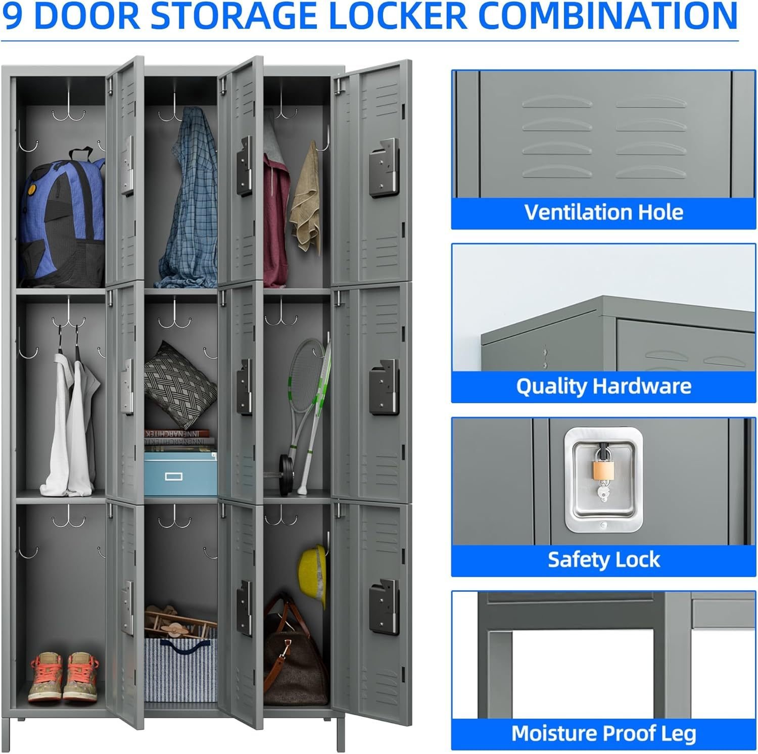 Metal Lockers For Employees With Lock,Metal Storage Locker With 9 Doors & 27 Hooks For School Office Gym Garage Bedroom,Assembly Required,9 Doors Light Grey - Image 5