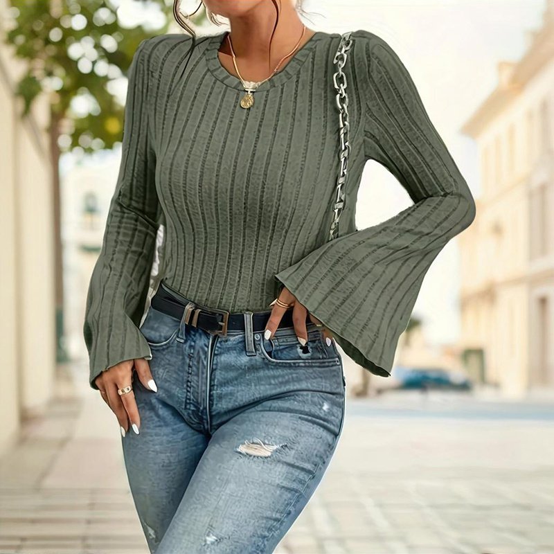Women's Long Bell Sleeve T-Shirt, Fall Fashion Knit Pullover Top With Crew Neck, Lightweight Going Out Casual Blouse