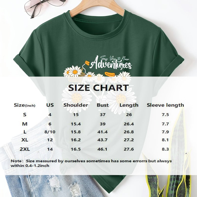 Women's Sunflower Bicycle Print Round Neck Tee - Summer Casual T-Shirt - Image 4