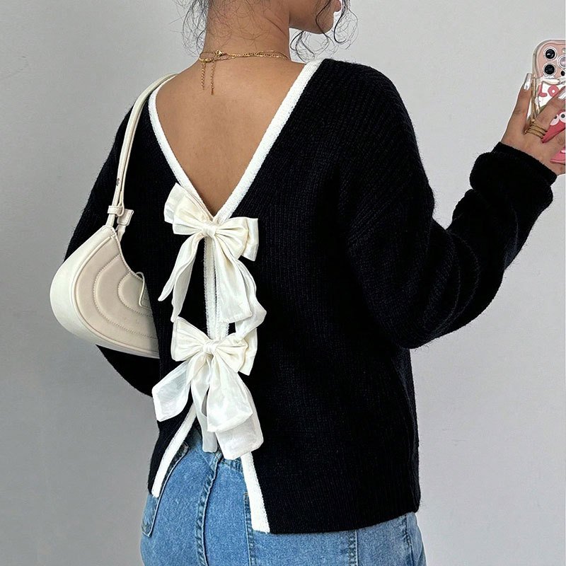 Women's Bow Sweater Long Sleeve Top, Open Back Crew Neck Split Pullover, Fall Trendy Going Out Sweater - Image 3