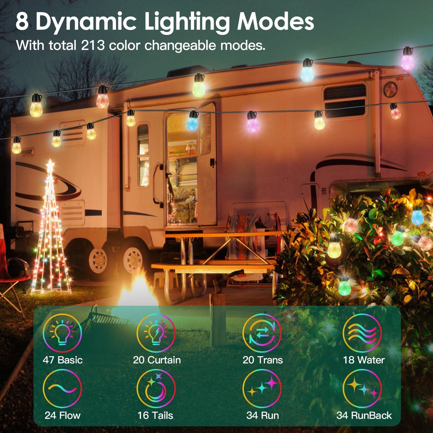 52.5FT Colorful Outdoor String Lights Smart RGB LED Patio Lights IP66 Waterproof Dimmable Hanging Light Bulbs With APP Remote Control 15 Bulbs - Image 2