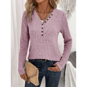 Womens Long Sleeves Ribbed Knit Tunic Shirts V Neck Button Down Slim Fit Blouses Tops