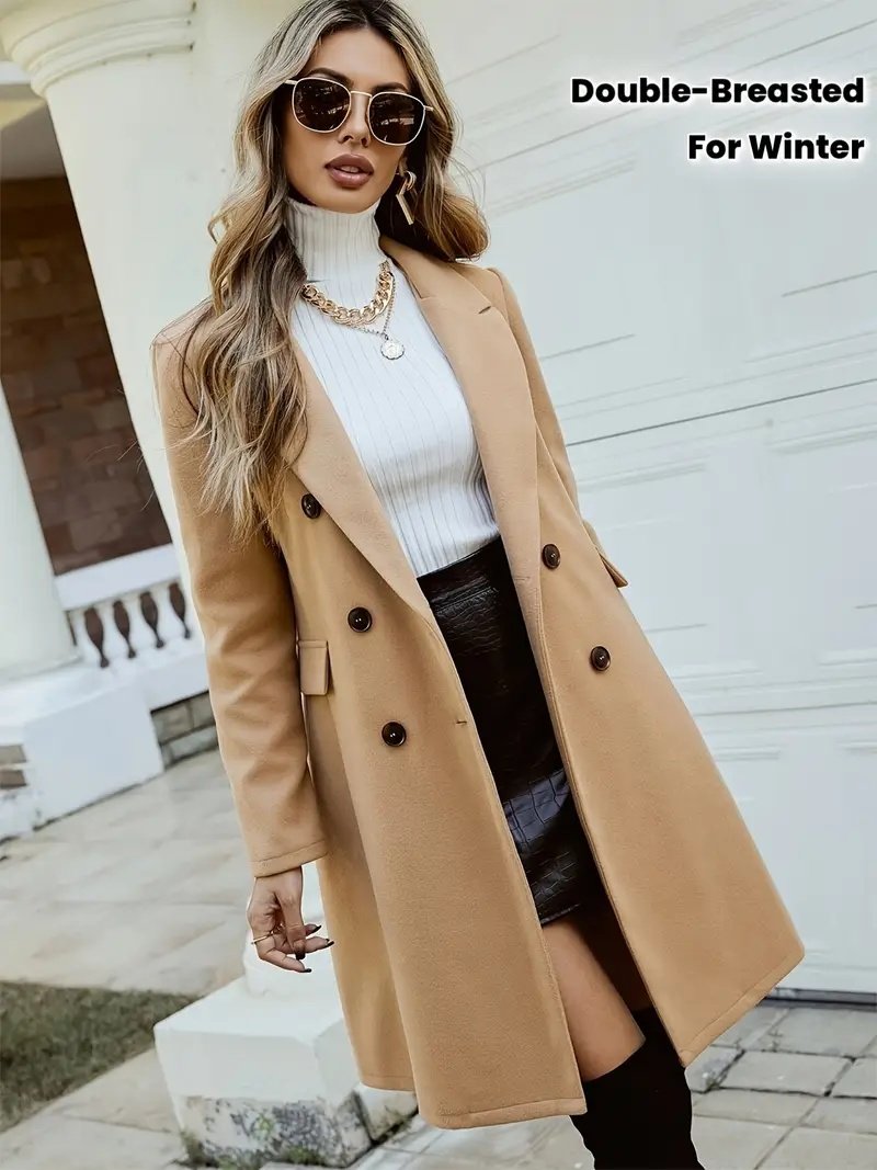 Women's Solid Color Double-Breasted Wool-Like Coat Notch Lapel Long Sleeve Mid-Length Overcoat With Pockets - Image 4