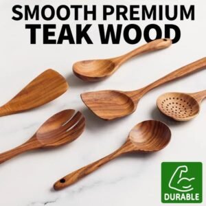 Six-piece Wooden Cooking Spoon Set – Heat-resistant, Smooth Teak Wood For A Comfortable Grip – Lightweight And Durable – Easy To Clean And Perfect For Non-stick Cookware.