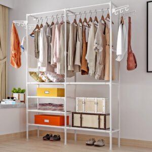 Heavy Duty Clothes Rack Double Rods Clothing Racks For Hanging Clothes White Black Multi-functional Garment Racks With 4 Tiers Closet Shelves And Rotatable