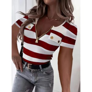 Women's Color Block Short Sleeve T-Shirt Striped Zipper Front Top Casual Summer Blouse Tee