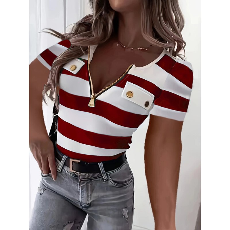 Women's Color Block Short Sleeve T-Shirt Striped Zipper Front Top Casual Summer Blouse Tee