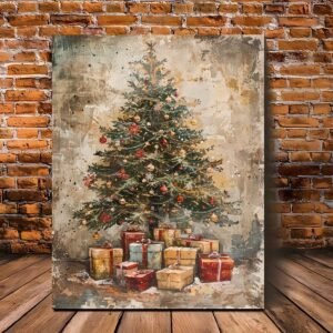 A Canvas Oil Painting With A Wooden Frame, Depicting A Vintage Christmas Tree With Gifts Under It Decorating The Living Room.