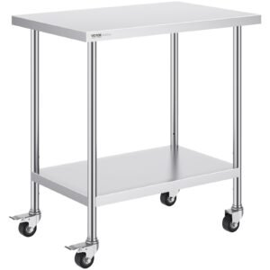 Stainless Steel Work Table 24 X 36 X 38 Inch, With 4 Wheels, 3 Adjustable Height Levels, Heavy Duty Food Prep Worktable For Commercial Kitchen Restaurant, Silver