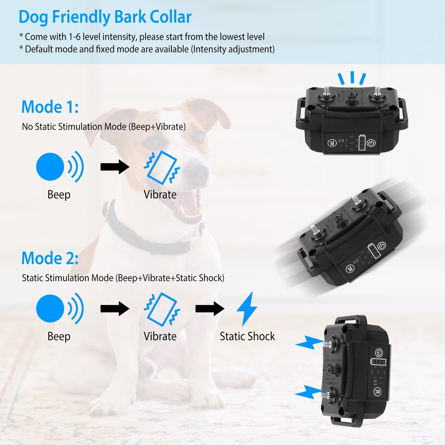 Dog Bark Collar Rechargeable Waterproof Beep Vibration Static Stimulation Bark Stopper Automatic Identification Collar With 6 Intensity Dual Modes - Image 3