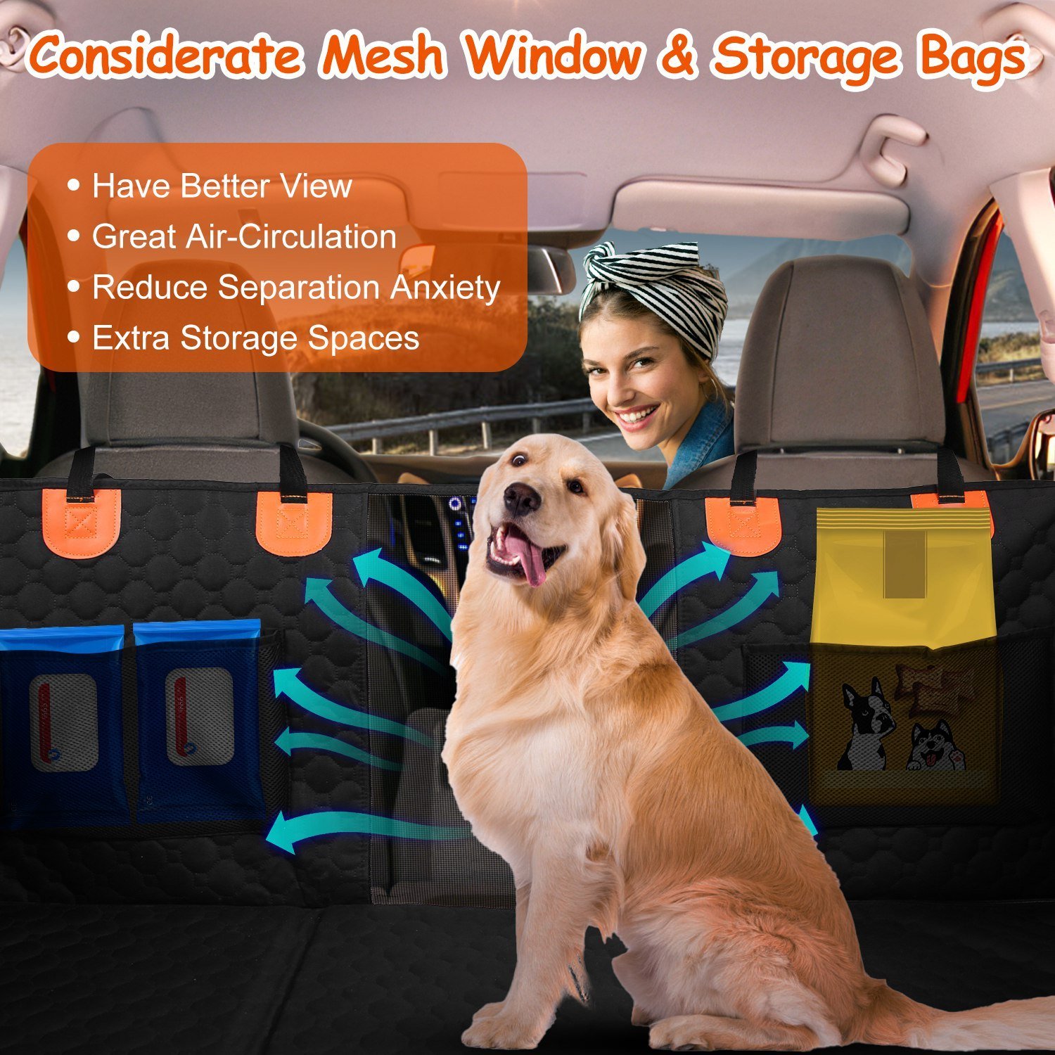 Dog Car Back Seat Cover With Zipper Mesh Window Storage Bags Waterproof 600D Oxford Cloth Car Seat Protector With Slide Flaps For Cars Trucks SUVs - Image 6