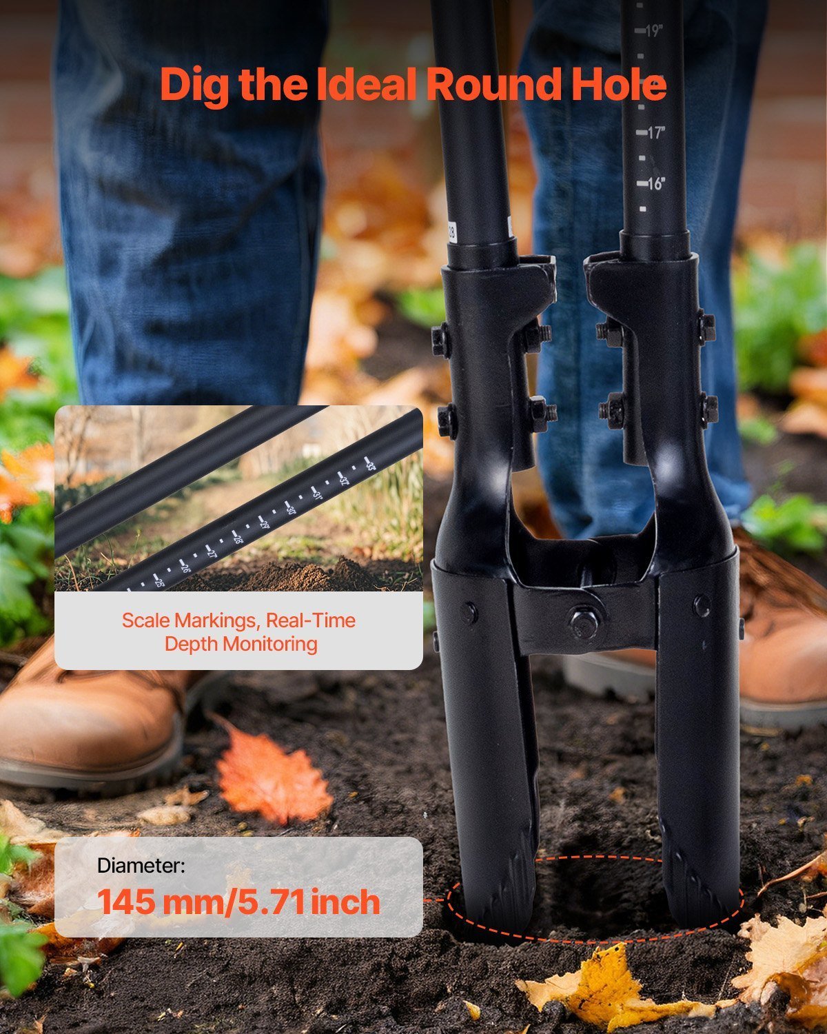 Post Hole Digger With Fiberglass Handle Scale Markings 57.5" Manual Hole Digger - Image 3