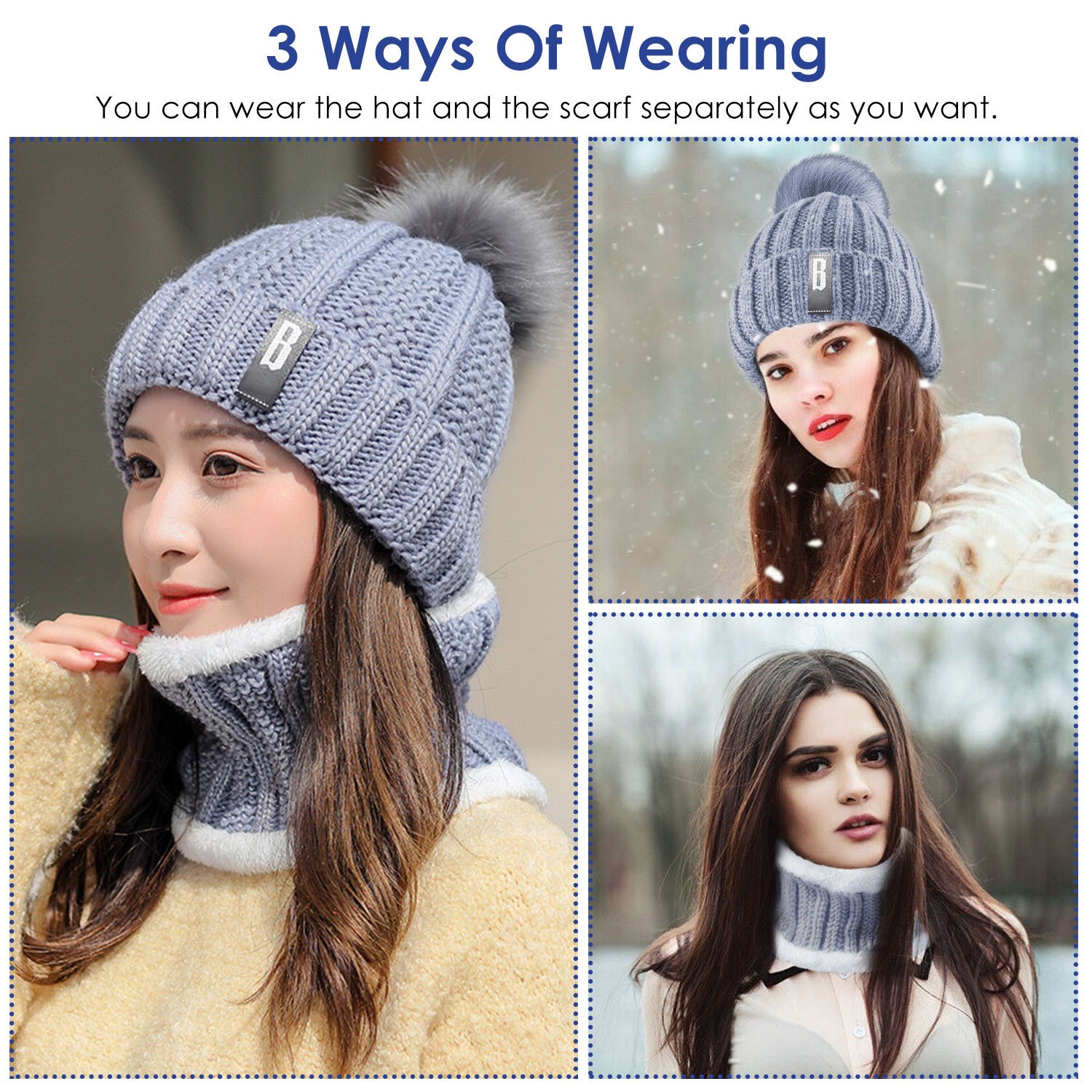 1Set Winter Beanie Hat Scarf Set Women Warm Knitting Skull Cap Neck Warmer For Walking Running Hiking Camping Outdoors Gift - Image 4