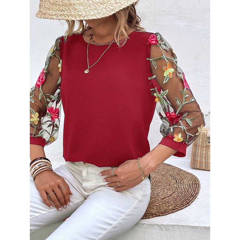 Women's Floral Embroidery Contrast Mesh Puff Sleeve Crew Neck Tee Shirt Tops - Image 4