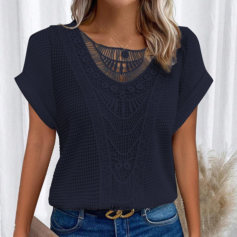 Women's Lace Splicing Short Sleeve Crew Neck T-Shirt Summer Loose Fit Casual Tee Top - Image 6