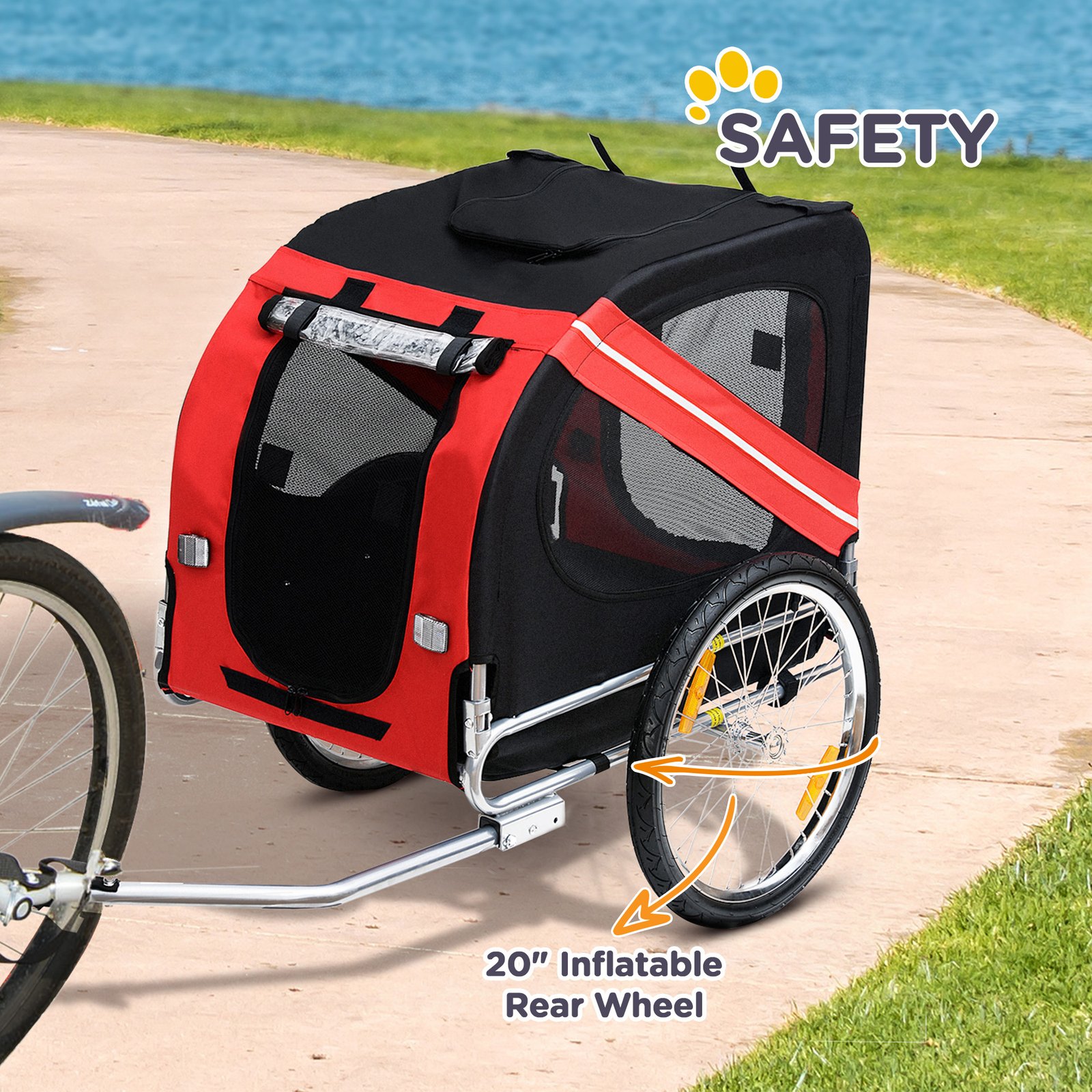 Dog Bike Trailer With Easy Folding Cart Frame, Large Wheels, 3 Entrances, Mesh Screen, For Dogs Within 44 Lbs, Red & Black - Image 3