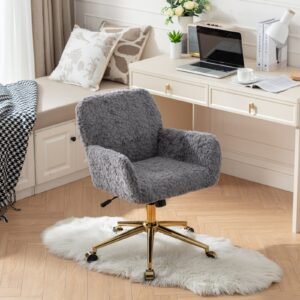AA Furniture Office Chair,Artificial Rabbit Hair Home Office Chair With Golden Metal Base,Adjustable Desk Chair Swivel Office Chair,Vanity Chair  Gray
