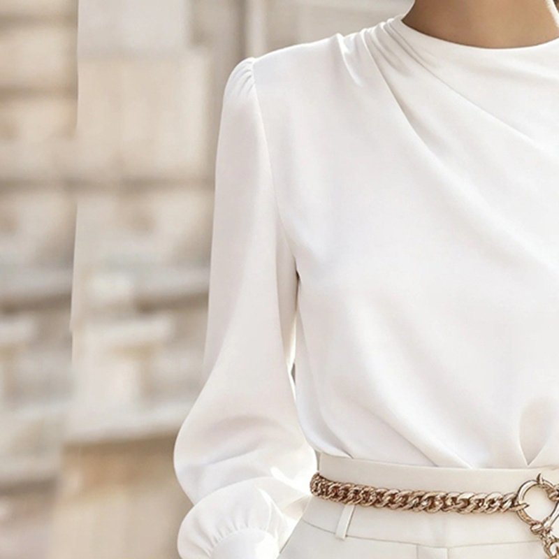 Women's Pleated Long Sleeve Blouse, Round Neck Business Casual Shirt, Dressy Fall 2025 Work Tops - Image 3