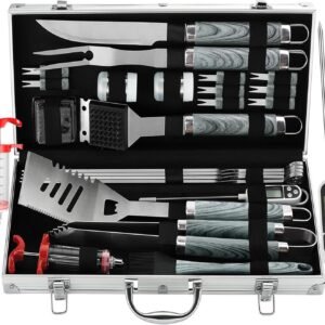 Grilljoy 24PCS BBQ Grill Tools Set With Meat Thermometer And Injector - Extra Thick Stainless Steel Fork, Spatula& Tongs - Complete BBQ Accessories In Aluminum Case - Perfect Grill Gifts For Men