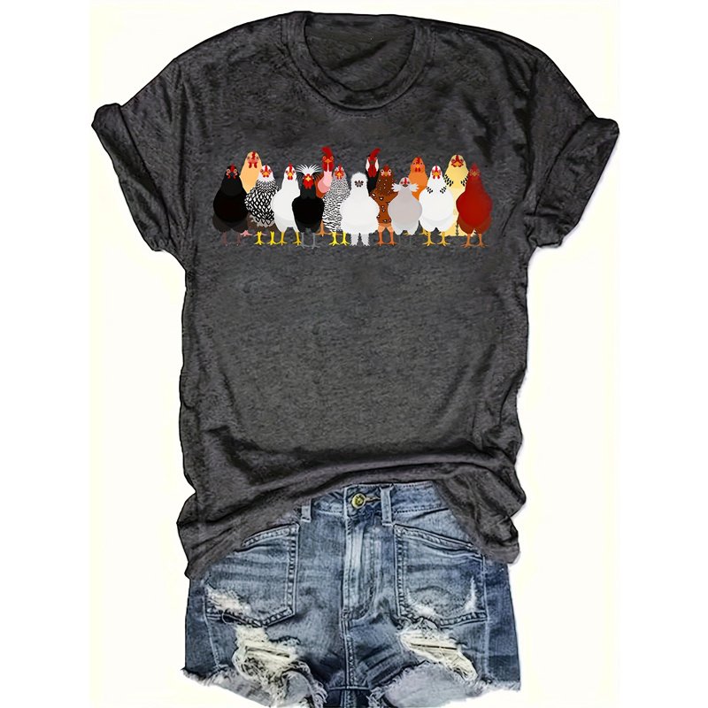 Women's Chicken Breeds Print Round Neck Tee - Fun Casual Summer Top - Image 2