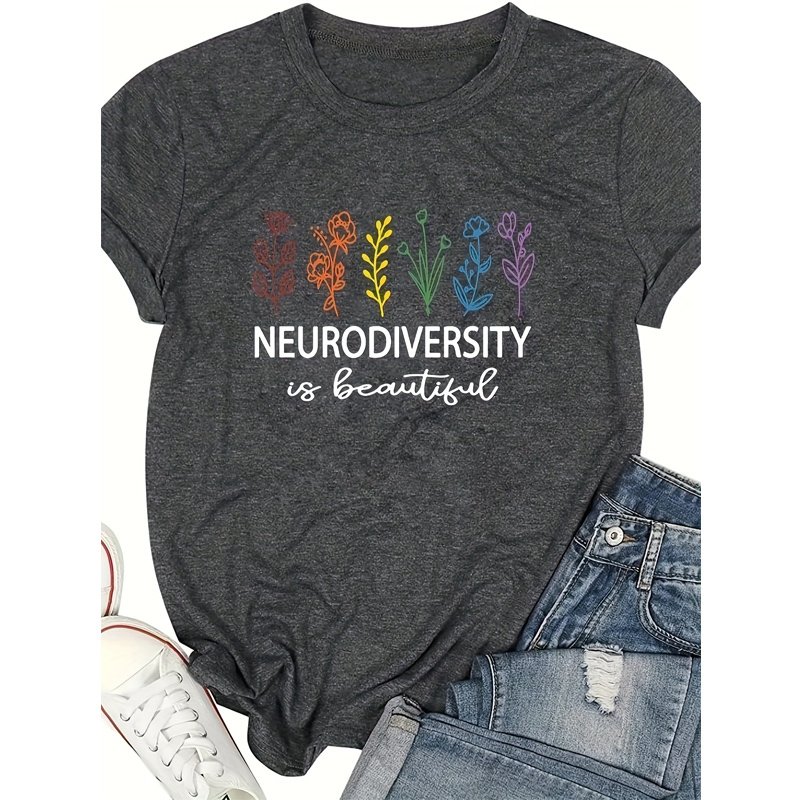Women's Botanical & 'NEURODIVERSITY' Text Print Round Neck Tee - Inclusive Summer Top - Image 2