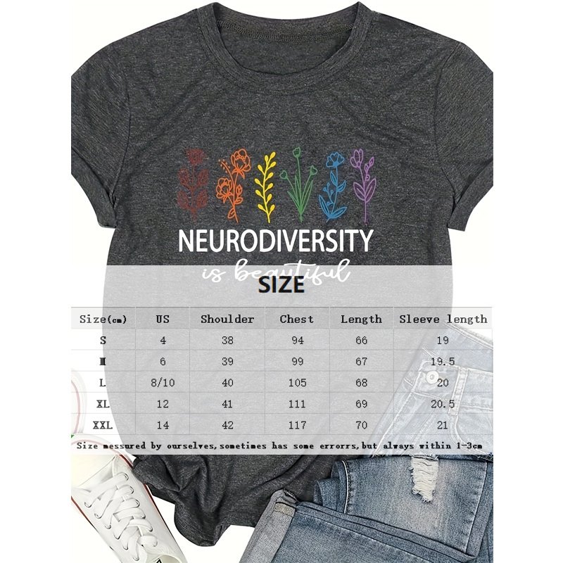 Women's Botanical & 'NEURODIVERSITY' Text Print Round Neck Tee - Inclusive Summer Top - Image 5