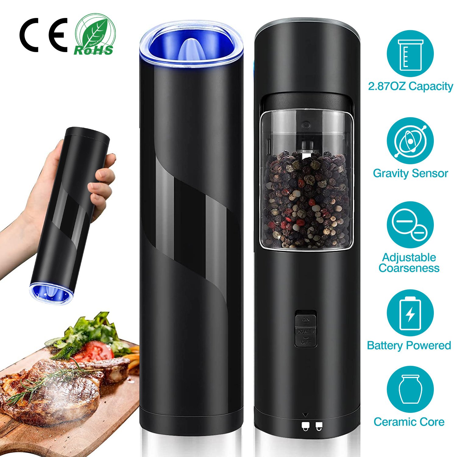 Electric Salt And Pepper Grinder Automatic Gravity Sensor Battery Powered Salt Mill LED Indicator Adjustable Coarseness One Hand Easy Operation - Image 2
