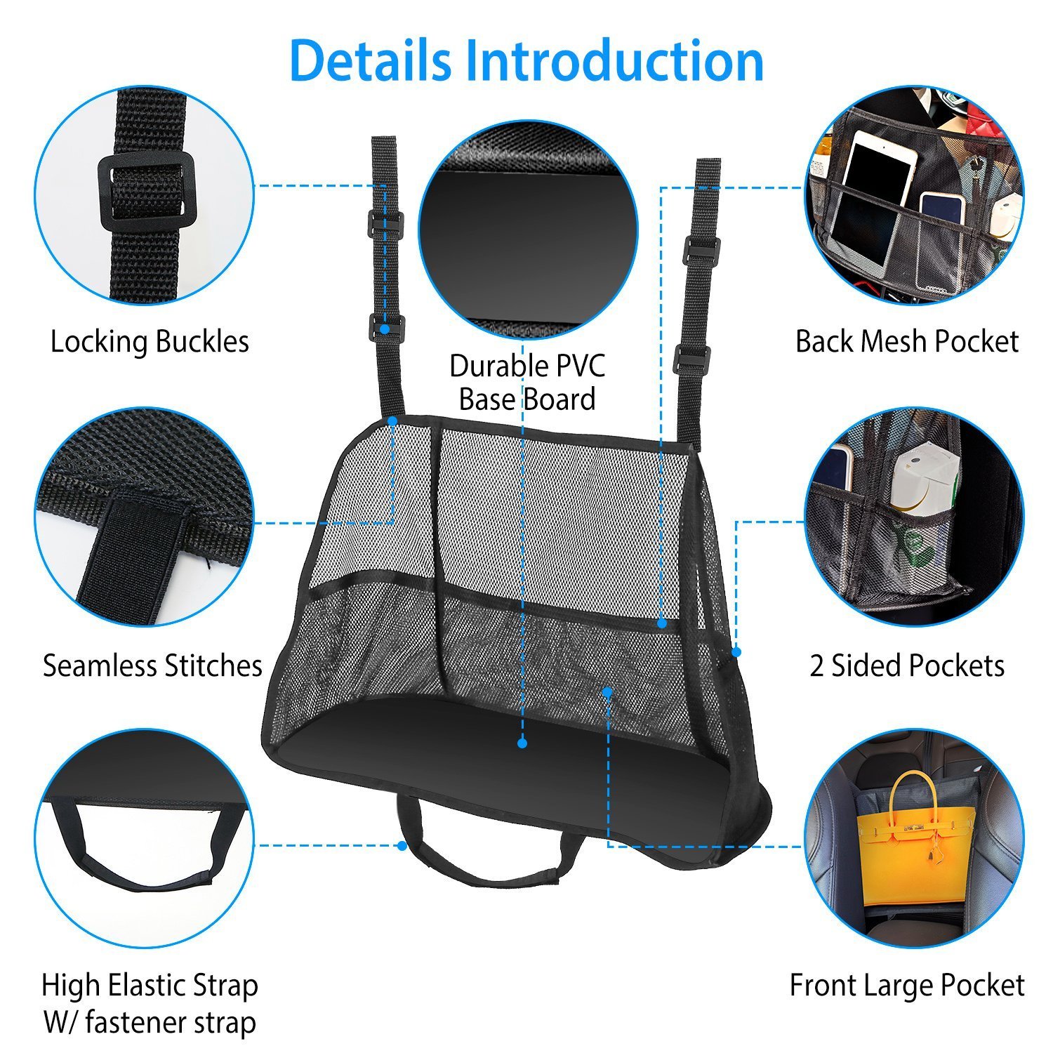1Pc Car Net Pocket Handbag Holder Car Storage Netting Pouch Seat Side Storage Mesh Organizers Bag For Purse Phone Documents Barrier Pets Kids At Backseat - Image 3