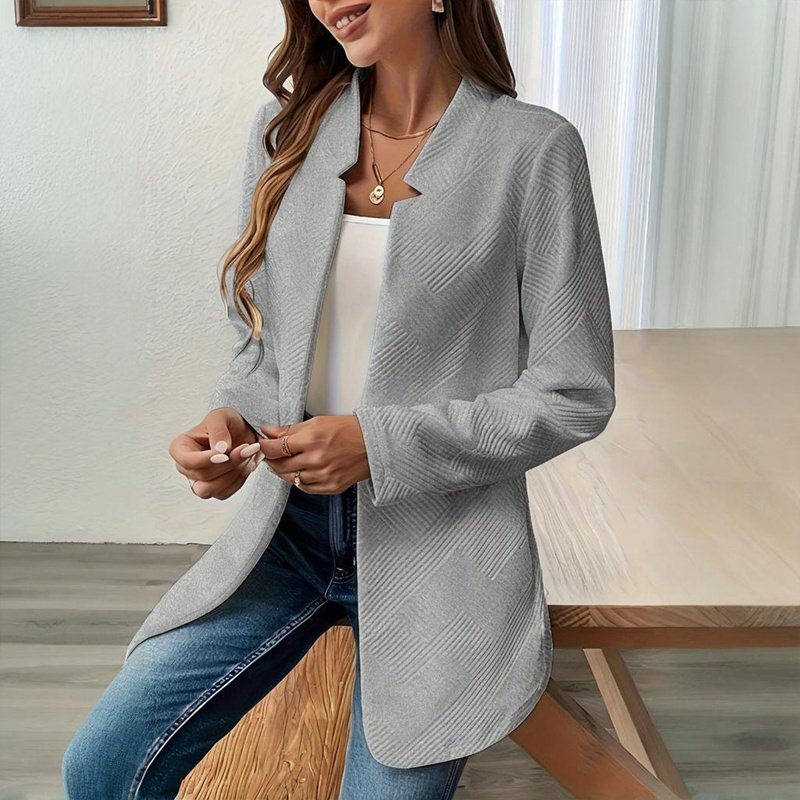Women's Solid Color Notched Lapel Blazer - Textured Elegant Jacket For Fall&Winter Formal & Casual Wear - Image 9