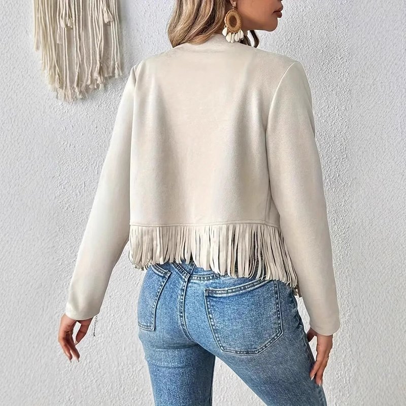 Women's Faux Suede Fringe Trim Long Sleeve Open Front Cardigan Jacket Western Concert Outfits - Image 4