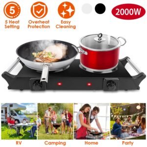 Black-White Options -- 2000W Electric Dual Burner Portable Coil Heating Hot Plate Stove Countertop RV Hotplate With 5 Temperature Adjustments Portable Handles