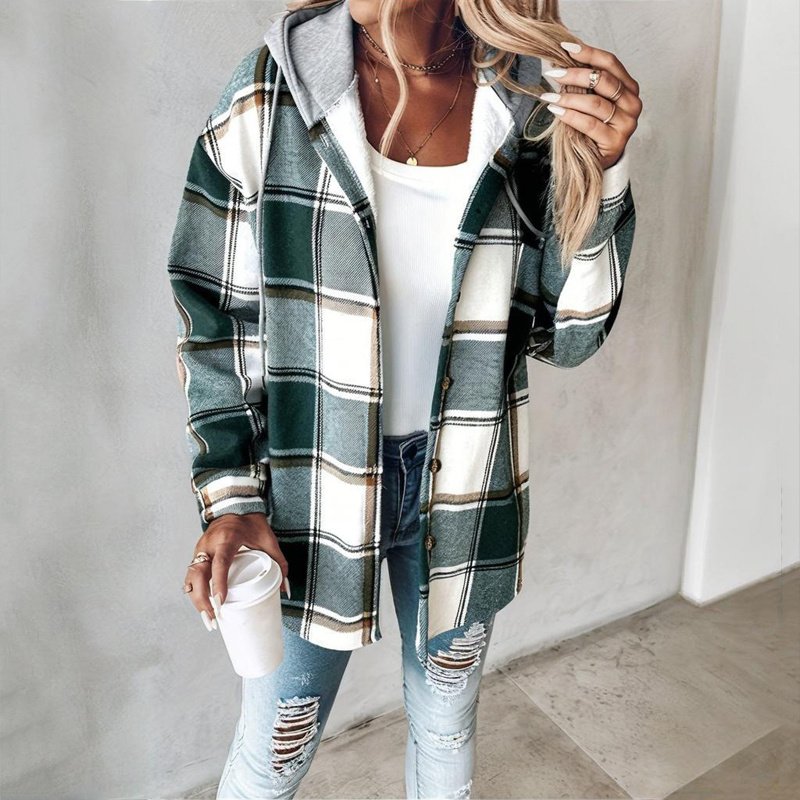 Women's Plaid Drawstring Hoodie Long Sleeve Shirt Button Front Casual Tops Spring&Fall Fashion Minimalist Style - Image 3