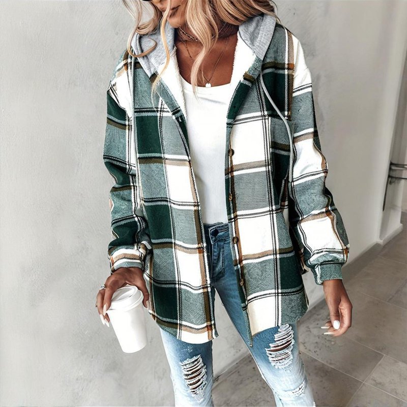 Women's Plaid Drawstring Hoodie Long Sleeve Shirt Button Front Casual Tops Spring&Fall Fashion Minimalist Style - Image 4