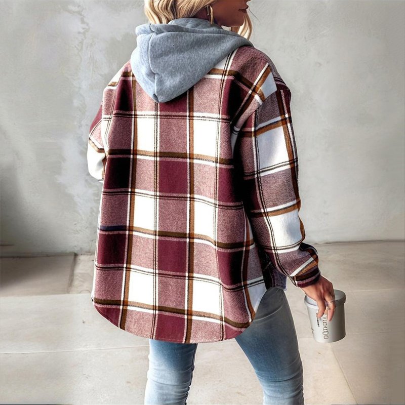Women's Plaid Drawstring Hoodie Long Sleeve Shirt Button Front Casual Tops Spring&Fall Fashion Minimalist Style - Image 7