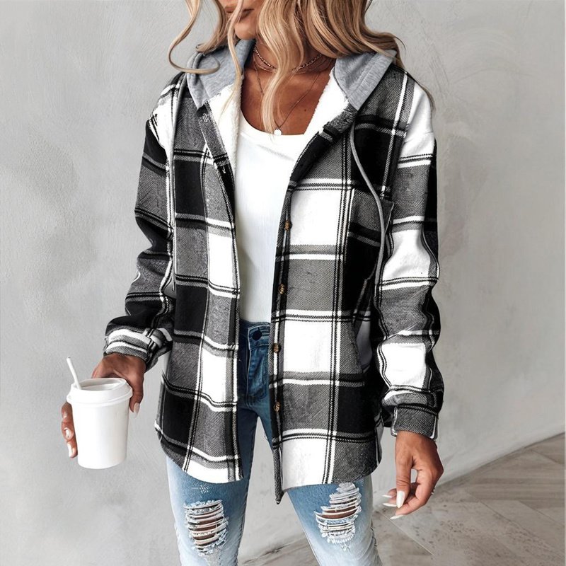 Women's Plaid Drawstring Hoodie Long Sleeve Shirt Button Front Casual Tops Spring&Fall Fashion Minimalist Style - Image 8