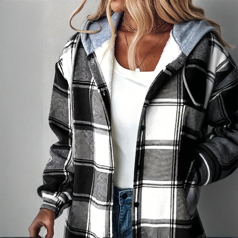 Women's Plaid Drawstring Hoodie Long Sleeve Shirt Button Front Casual Tops Spring&Fall Fashion Minimalist Style - Image 9